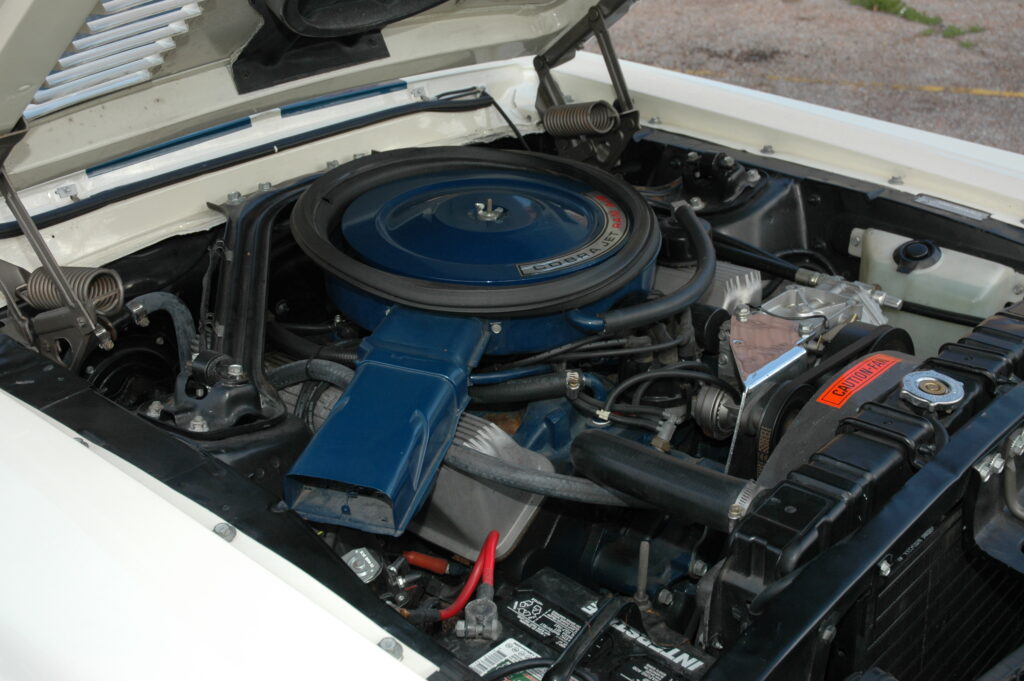 Engine bay of a restored Shelby Mustang
